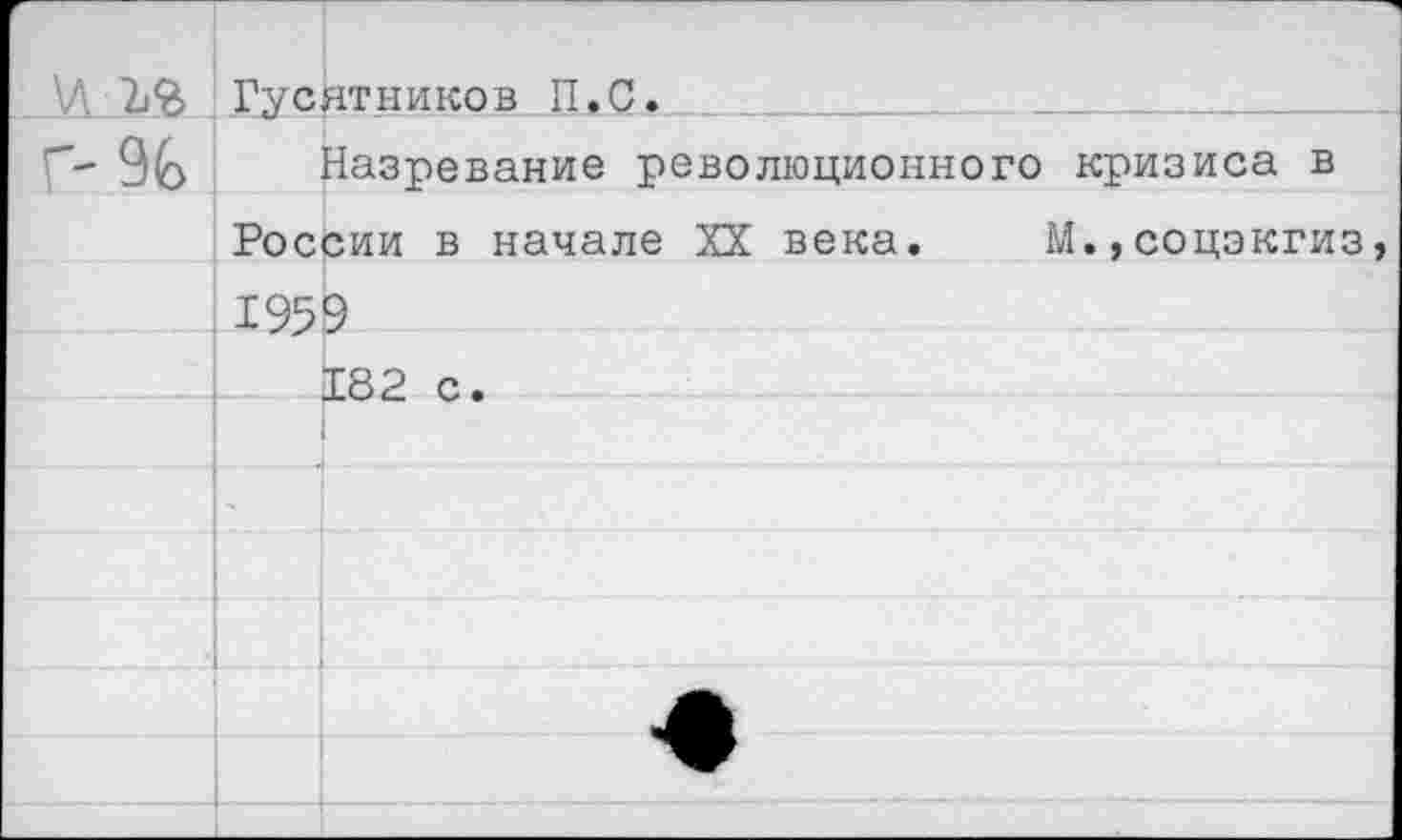 ﻿\л ъг	Гусятников II.С.
г-%	Назревание революционного кризиса в
	России в начале XX века.	М.,соцэкгиз,
	1959
	182 с.
	1
	
	
	
	
	
	